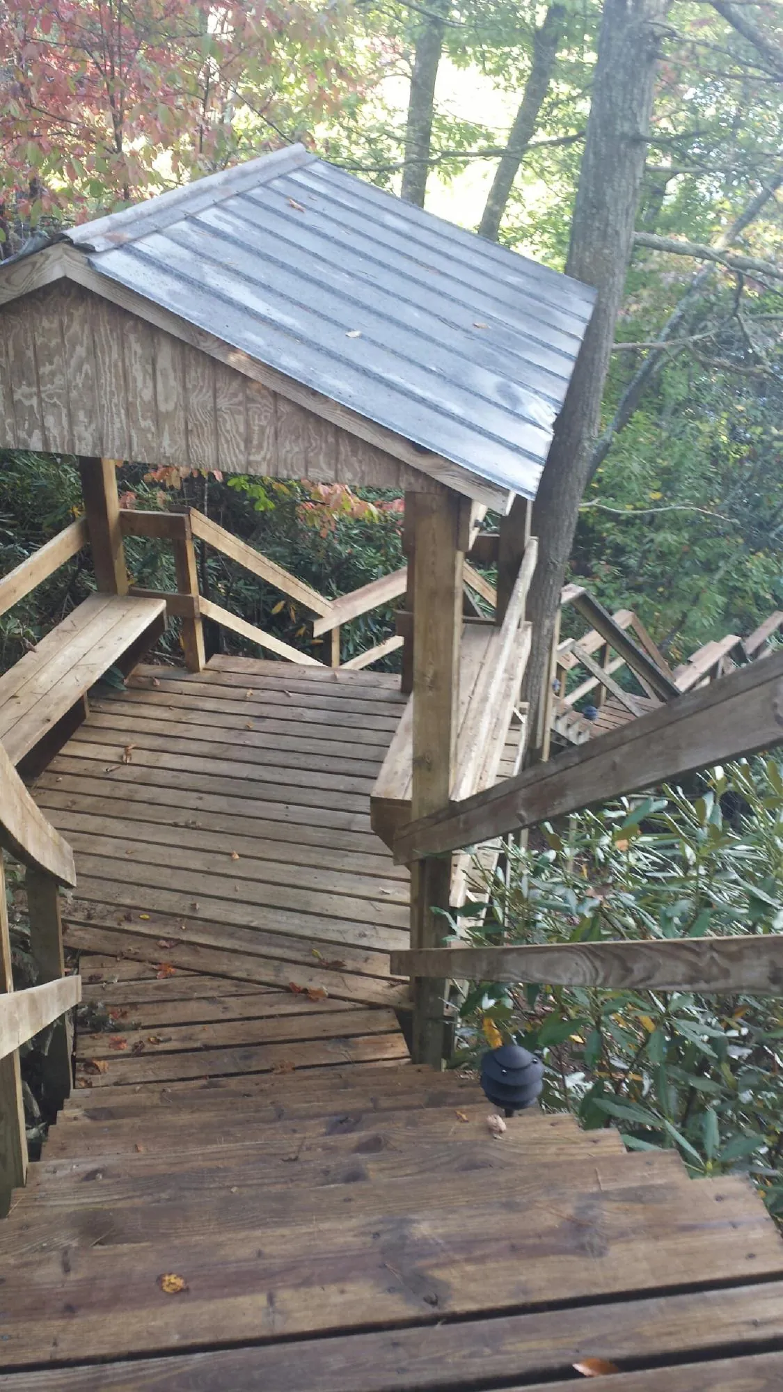 Metal roofed shelter over wooden steps on a wooded walkway — Skylight Repair & Installation work by our crew in Troutman